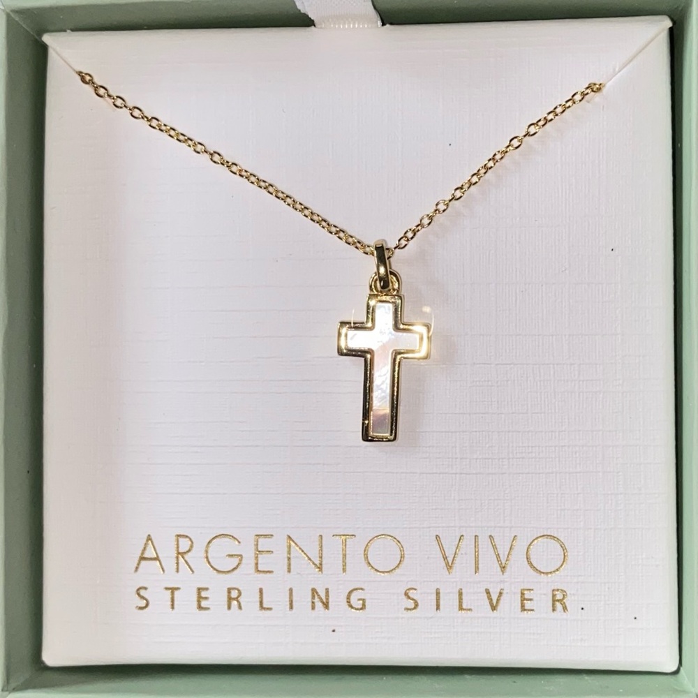 BNIB Argento Vivo Sterling Silver Gold Tone Cross Necklace with Mother-of-Pearl